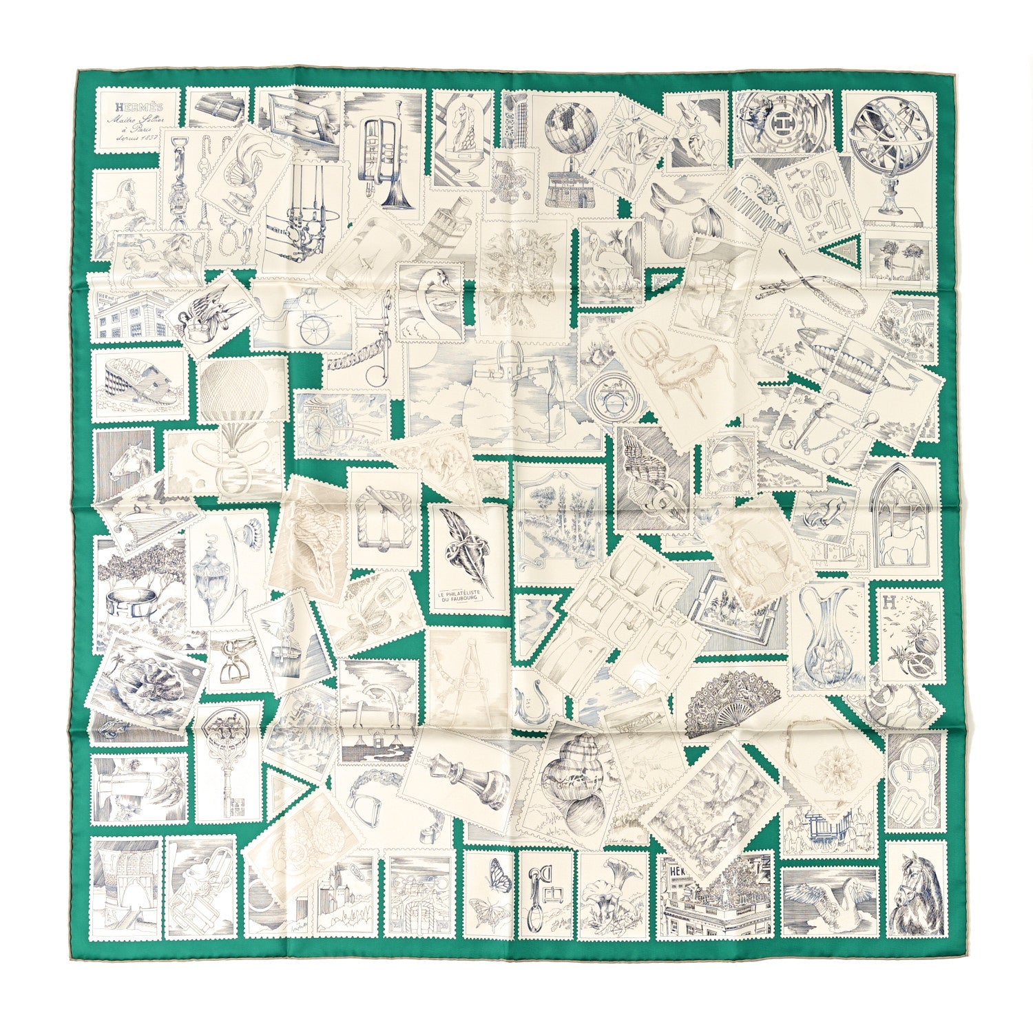 Hermes Silk Le Philateliste Du Faubourg Scarf 90 Vert Anglais Craie Gris 1 of 4