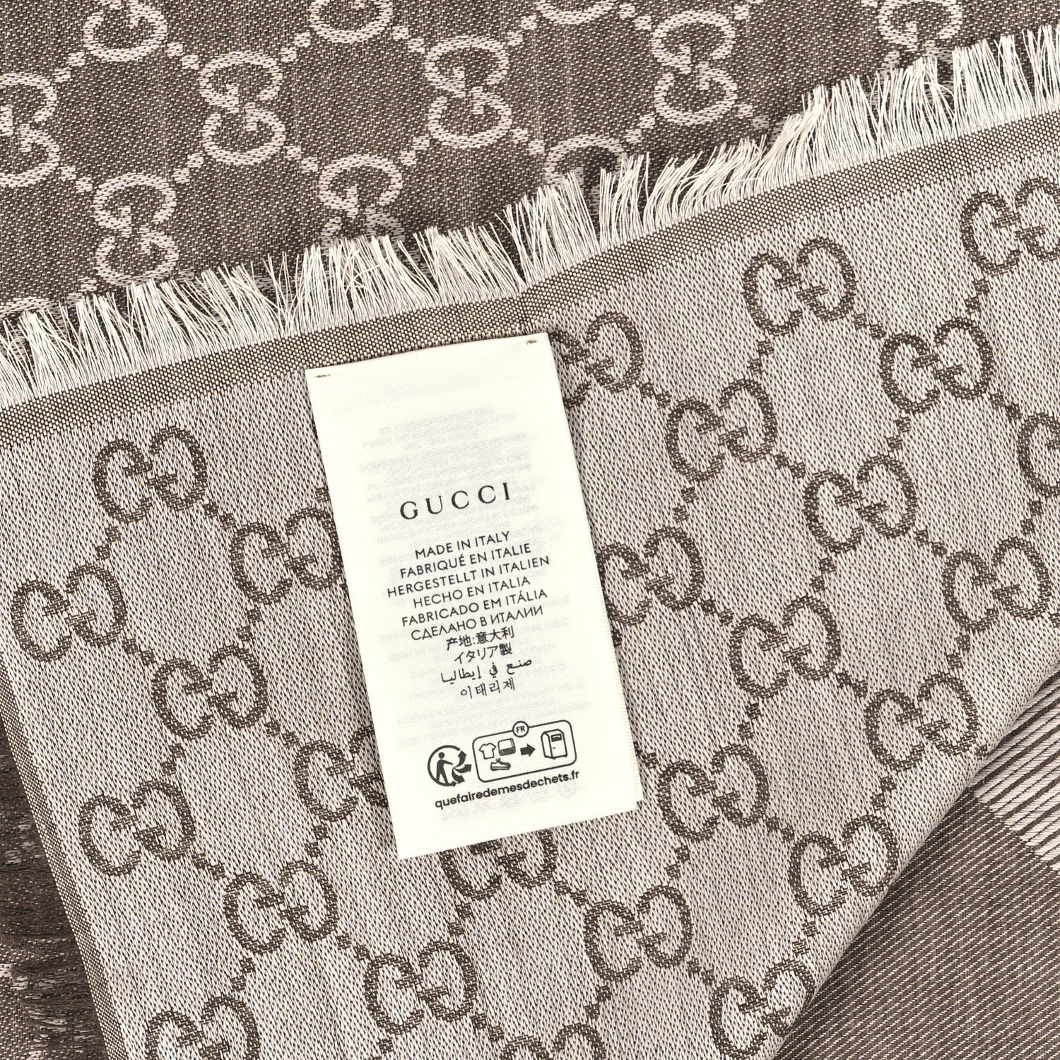 Gucci Wool Silk Monogram GGWeb Fringe Shawl Bitume Ivory 3 of 3