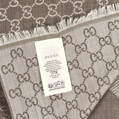 Gucci Wool Silk Monogram GGWeb Fringe Shawl Bitume Ivory 3 of 3