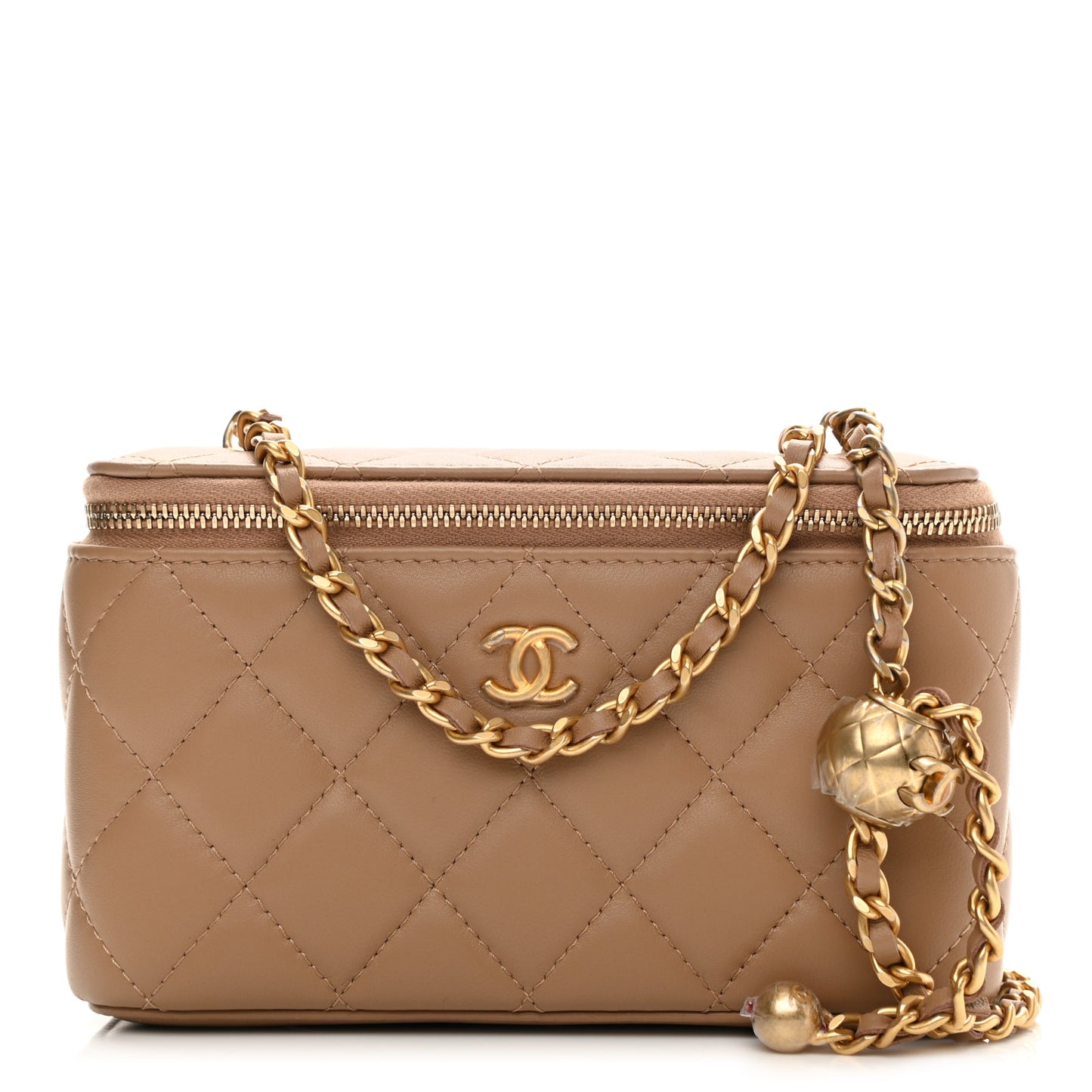 Lambskin Quilted Pearl Crush Small Vanity Case With Chain Beige