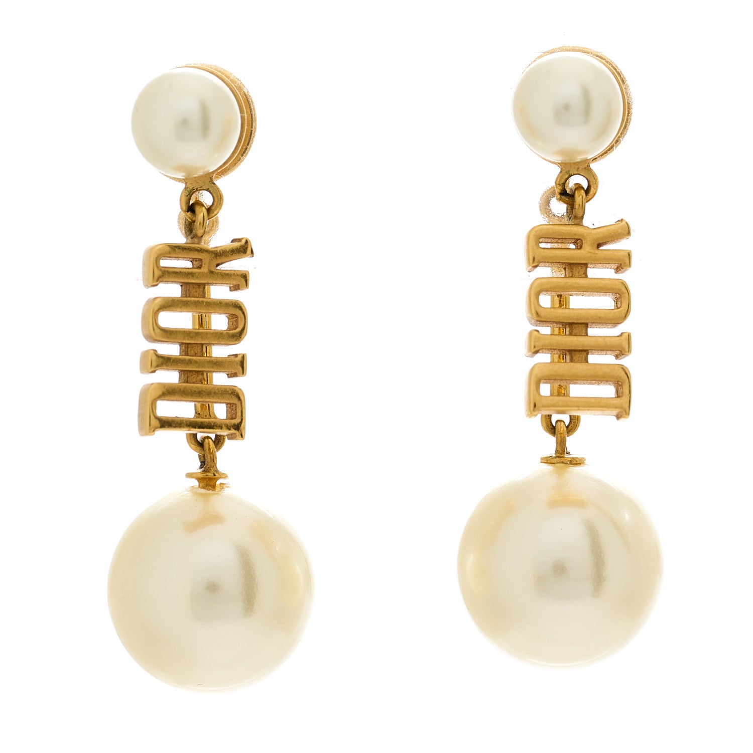 Christian Dior Pearl Tribal Logo Drop Earrings Gold White 1 of 5