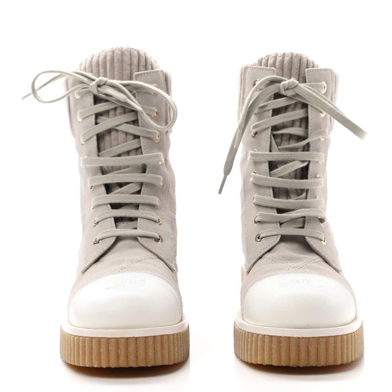 Chanel Suede Calfskin Velvet Quilted CC Combat Boots 37.5 Grey 2 of 8