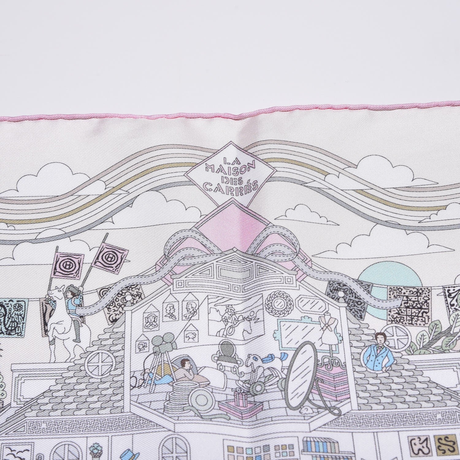 Hermes Silk La Maizeon Des Carres Pocket Square Scarf Creme Aqua Rose Pale 3 of 6