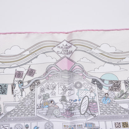 Hermes Silk La Maizeon Des Carres Pocket Square Scarf Creme Aqua Rose Pale 3 of 6