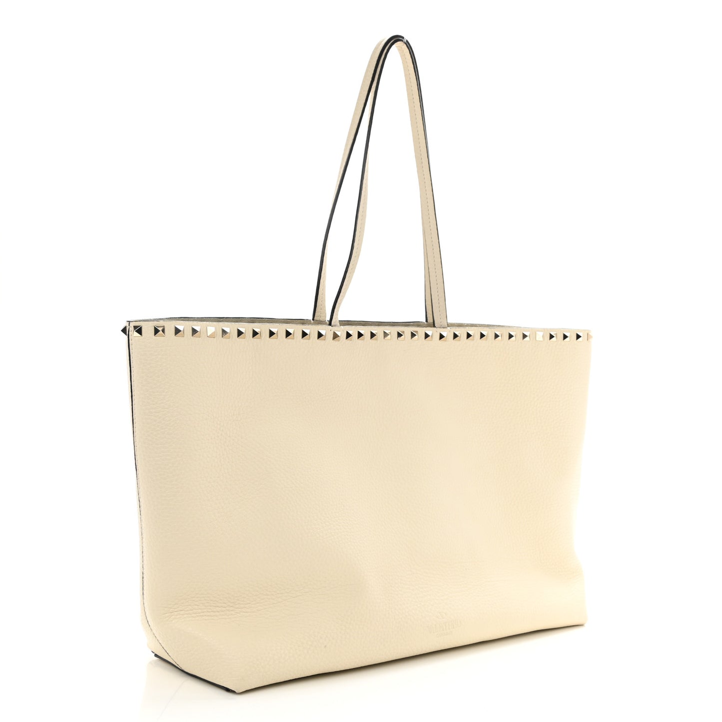 Grained Calfskin Rockstud Shoulder Tote Light Ivory