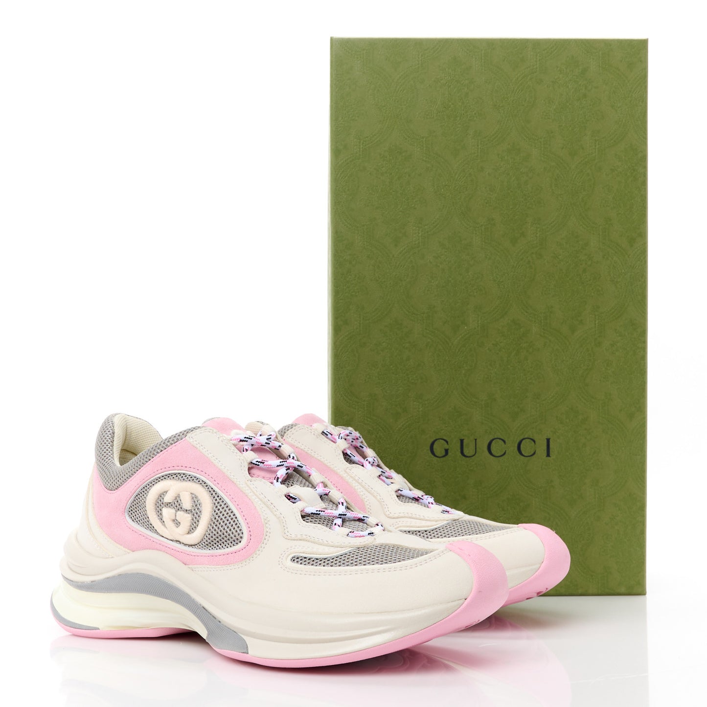 Technical Knit Fabric Suede Calfskin Womens Gucci Run Sneakers 38 Off White Pink Grey