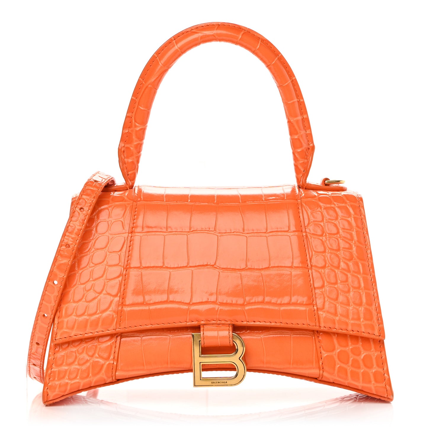 Shiny Calfskin Crocodile Embossed Small Hourglass Top Handle Bag Orange