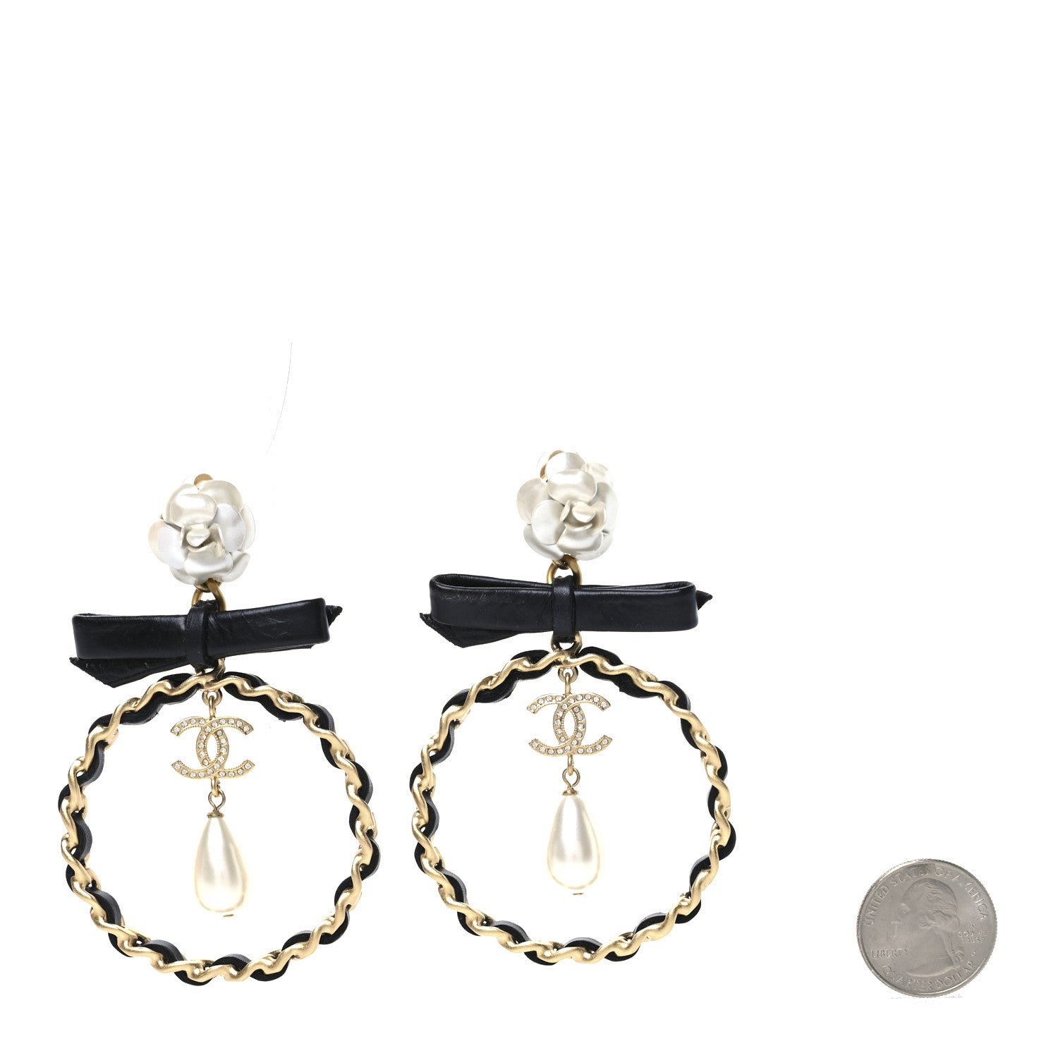 Chanel Calfskin Metal Pearl 90’s Camellia CC Hoop Earrings  Gold Black 2 of 4