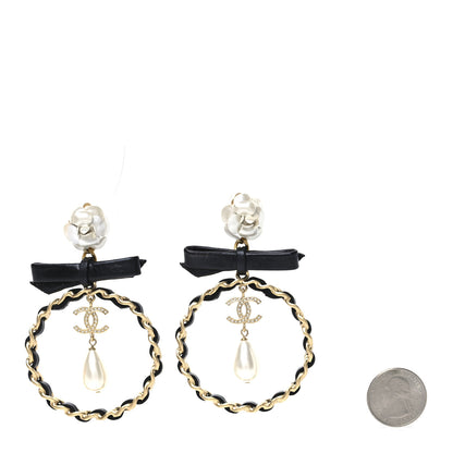 Chanel Calfskin Metal Pearl 90’s Camellia CC Hoop Earrings  Gold Black 2 of 4