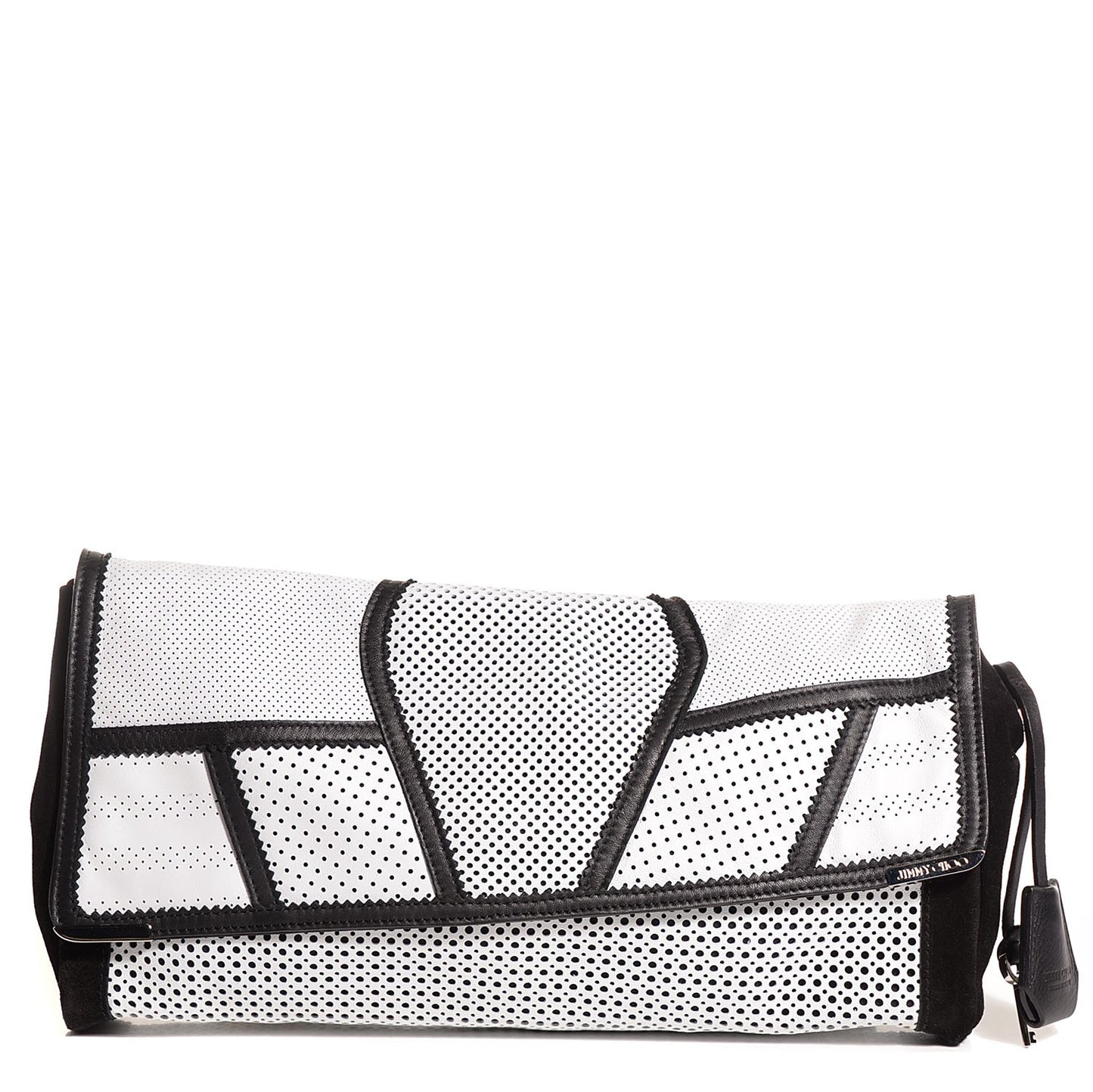 Perforated Leather Ally Mixed Media Patchwork Clutch Black White