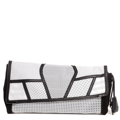 Jimmy Choo Perforated Leather Ally Mixed Media Patchwork Clutch Black White 1 of 7
