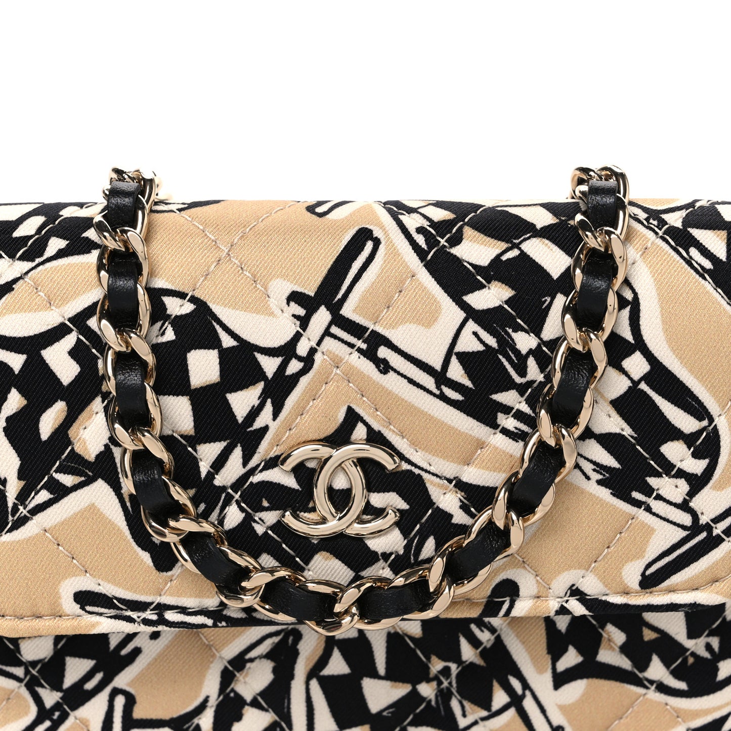 Canvas Check Flag Printed CC Clutch With Chain Beige Multicolor