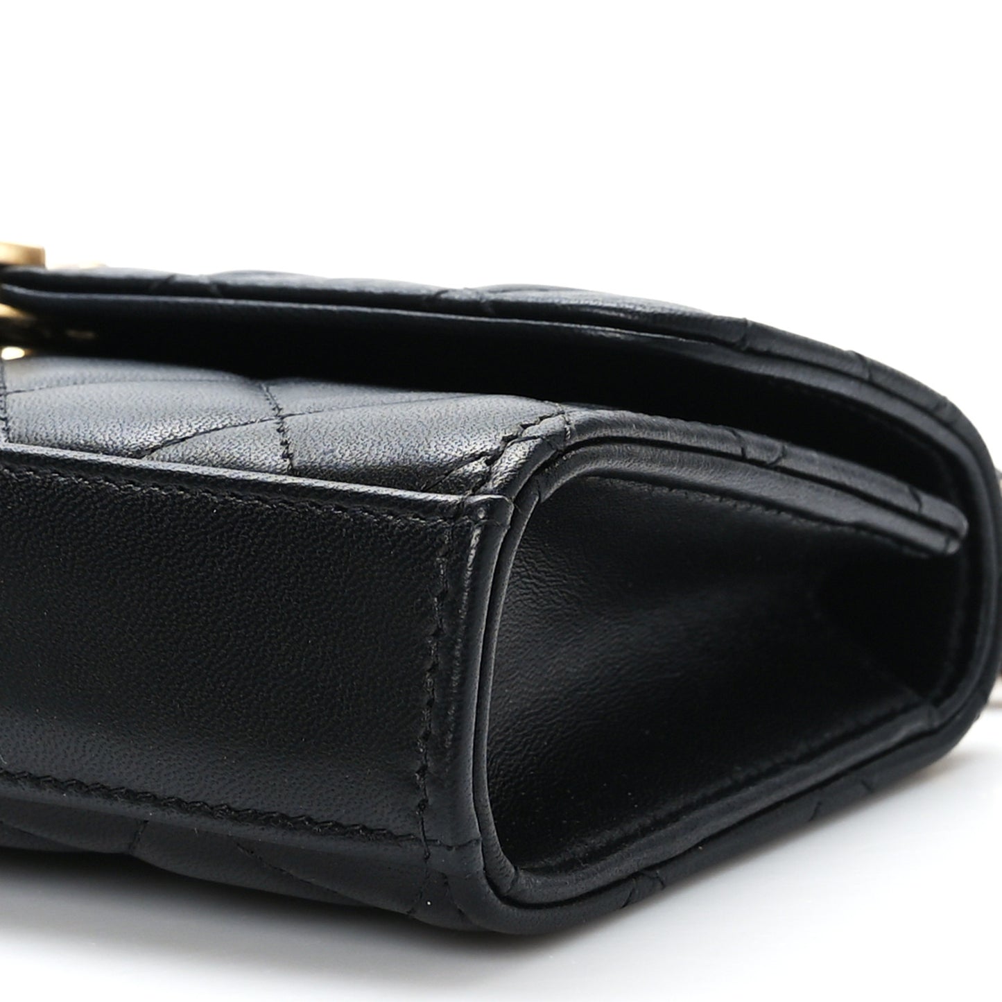 Lambskin Enamel Quilted Top Handle Flap Phone Holder With Chain Black