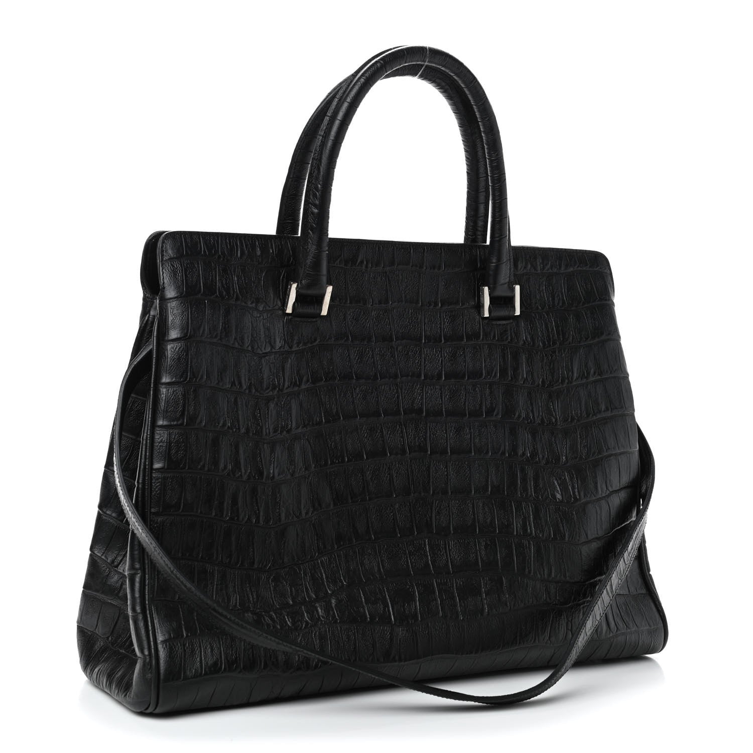 Saint Laurent Calfskin Crocodile Embossed Medium Trois Class Tote Black 2 of 4