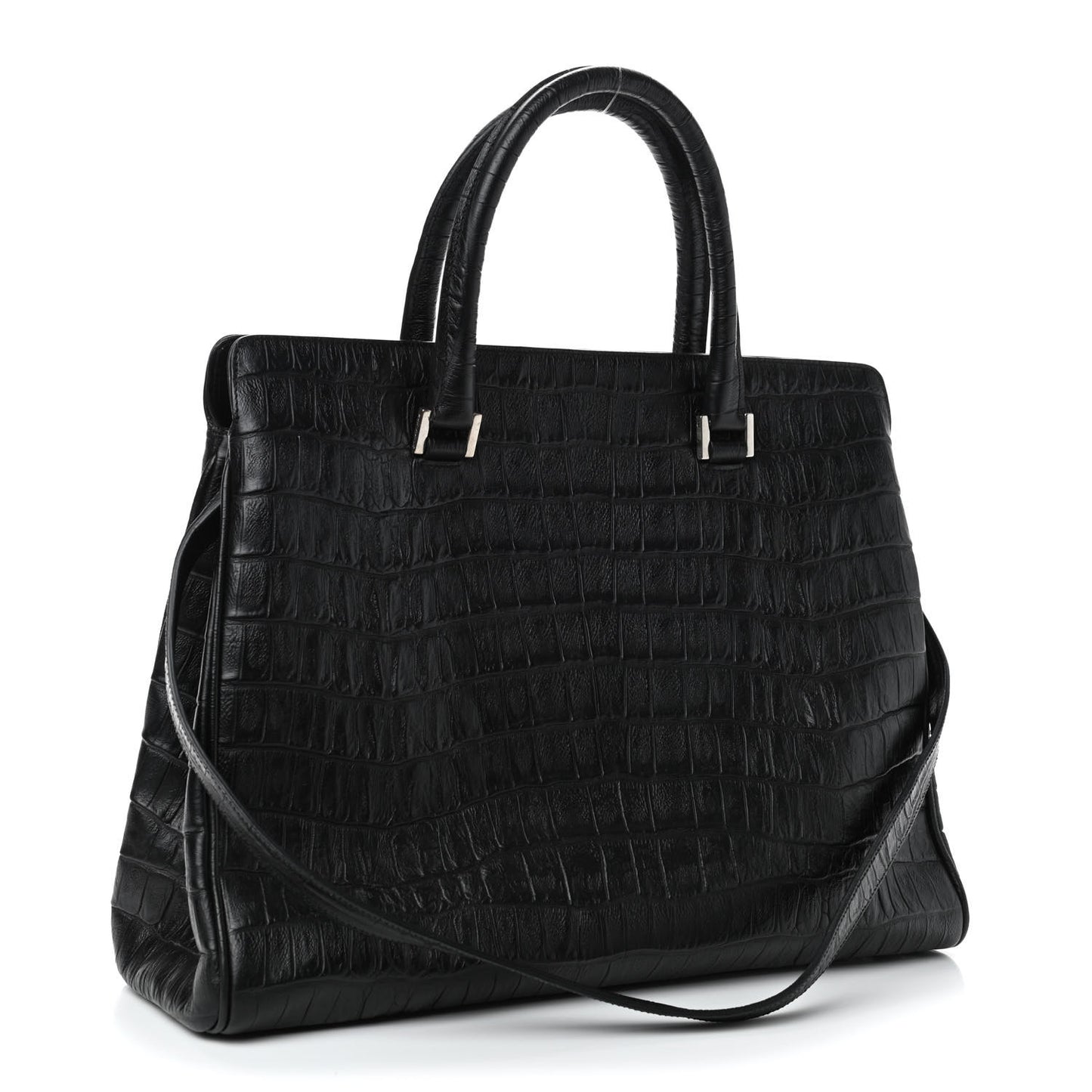 Calfskin Crocodile Embossed Medium Trois Class Tote Black