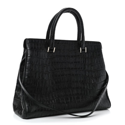 Saint Laurent Calfskin Crocodile Embossed Medium Trois Class Tote Black 2 of 5
