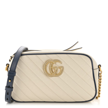 Gucci Vintage Effect Calfskin Matelasse Diagonal Small Torchon GG Marmont Chain Shoulder Bag Mystic White Blue Agata 1 of 10