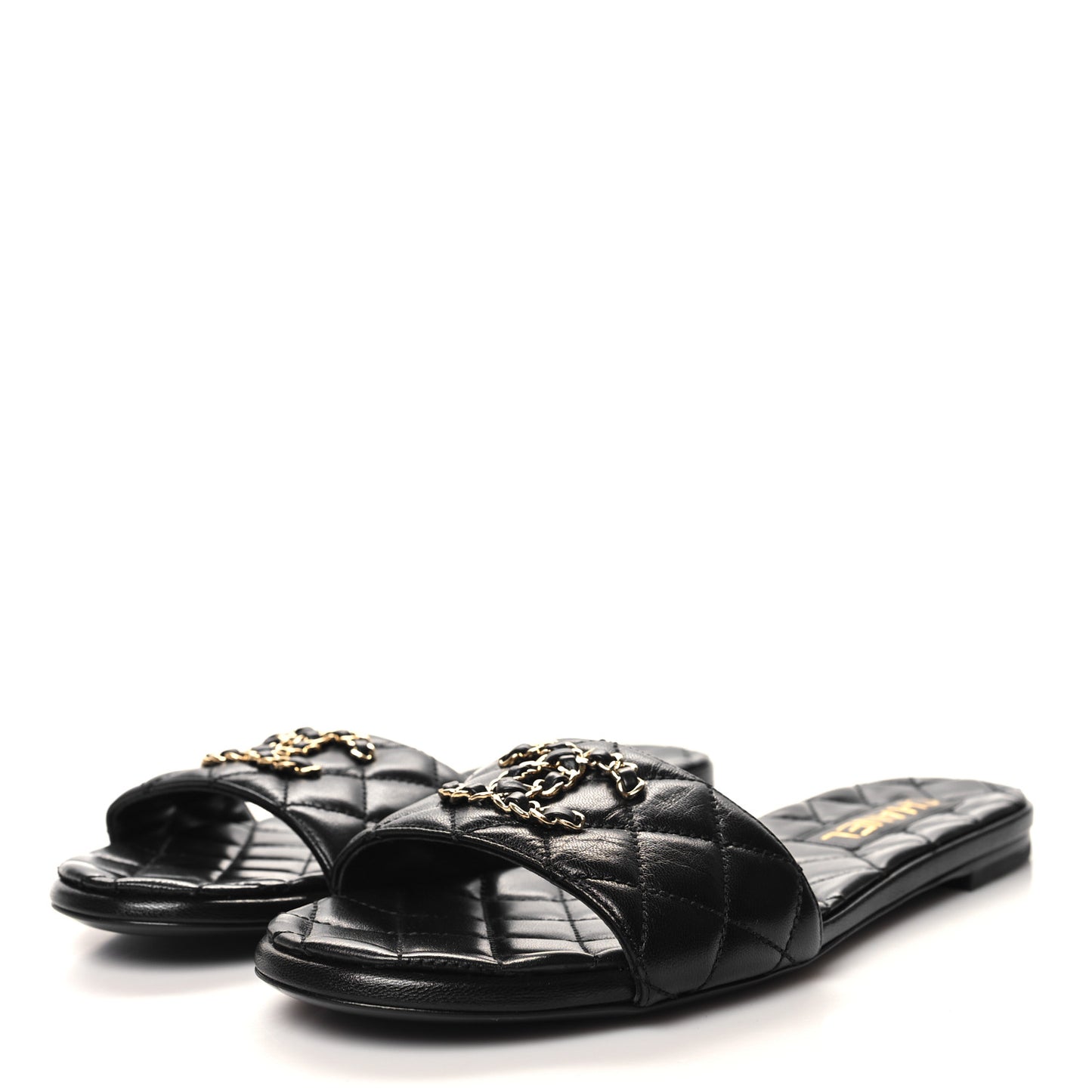 Shiny Goatskin Quilted CC Mules Sandals 39.5 Black