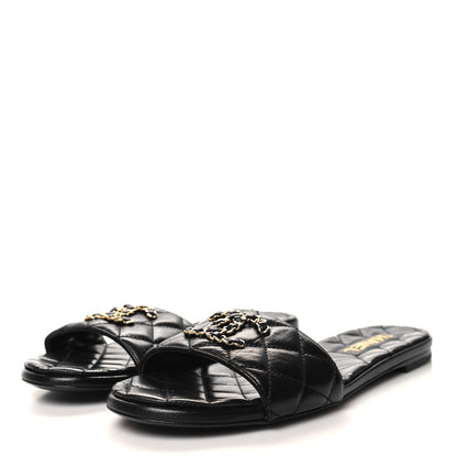Chanel Shiny Goatskin Quilted CC Mules Sandals 39.5 Black 3 of 8