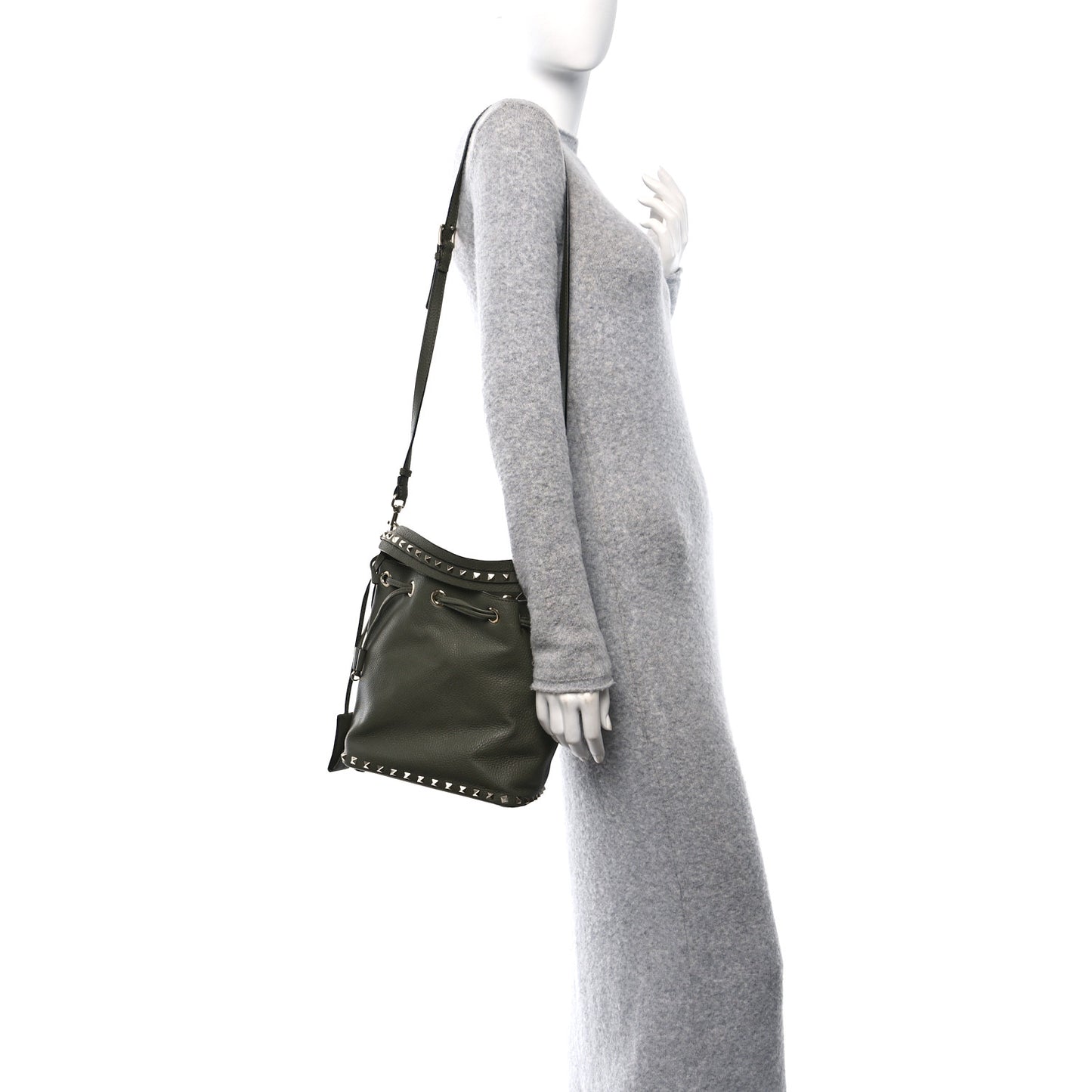 Pebbled Calfskin Small Rockstud Bucket Bag Green
