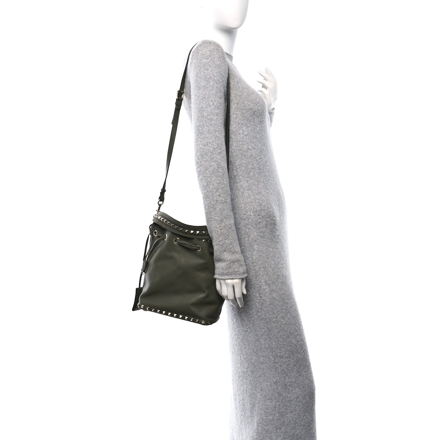 Valentino Garavani Pebbled Calfskin Small Rockstud Bucket Bag Green 2 of 9