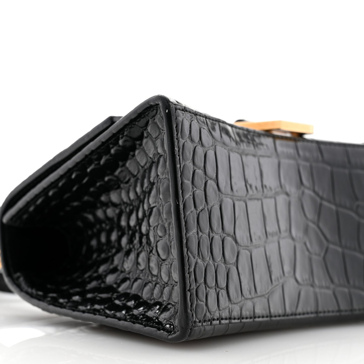Shiny Calfskin Crocodile Embossed Small Hourglass Top Handle Bag Black