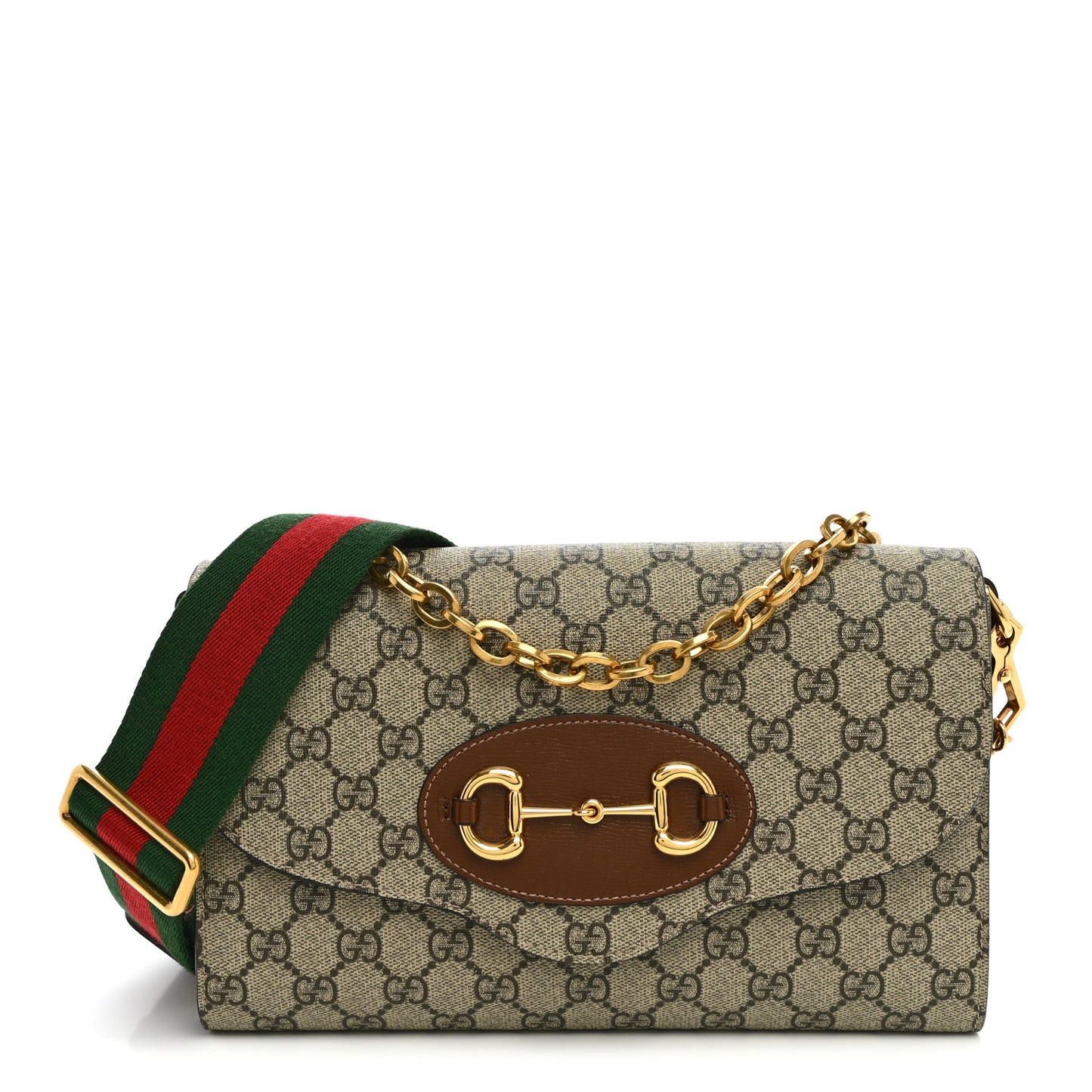 GG Supreme Monogram Azalea Calfskin Web Small Horsebit 1955 Crossbody Bag Beige Ebony Brown Sugar