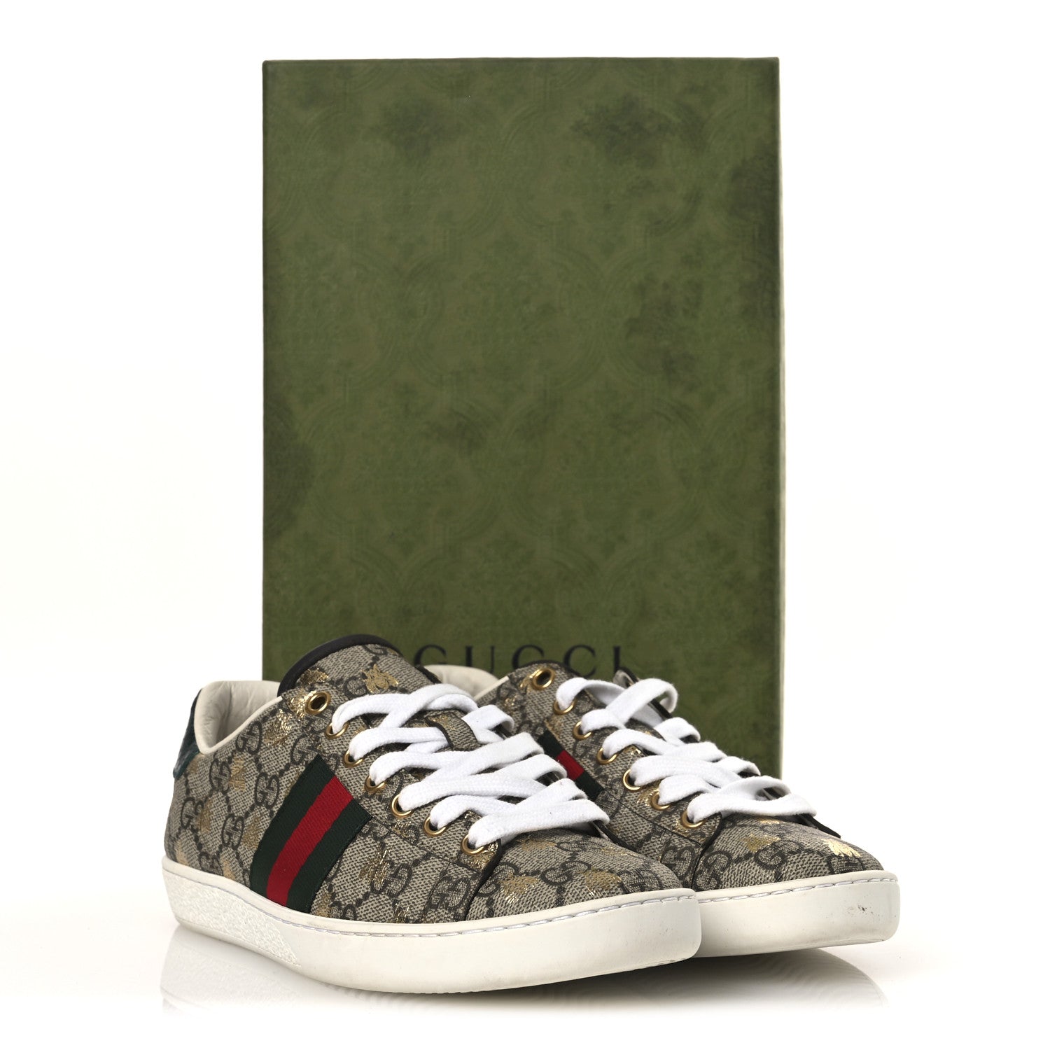 Gucci GG Supreme Monogram Bees Ayers Web Womens Ace Sneakers 36 Beige Oro Green Red 11 of 11