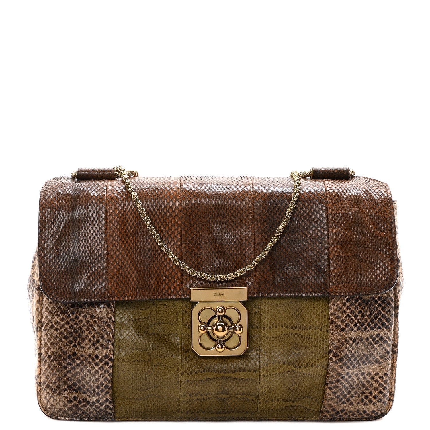Chloe Snakeskin Jumbo Elsie Chain Shoulder Bag Brown Green 1 of 9