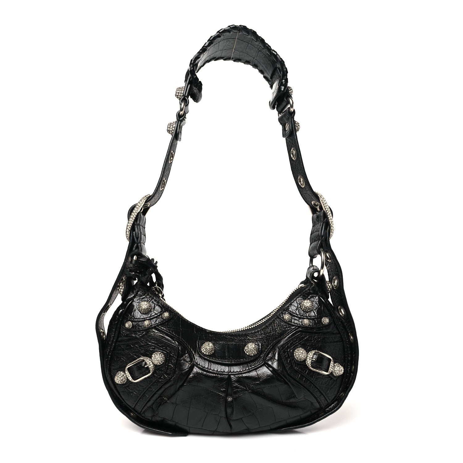Balenciaga Extra Supple Calfskin Crystal Crocodile Embossed Le Cagole Shoulder Bag XS Black 1 of 12