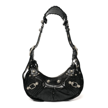 Balenciaga Extra Supple Calfskin Crystal Crocodile Embossed Le Cagole Shoulder Bag XS Black 1 of 12
