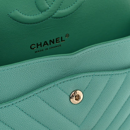 Chanel Caviar Flat Chevron Quilted Medium Double Flap Green 12 of 14