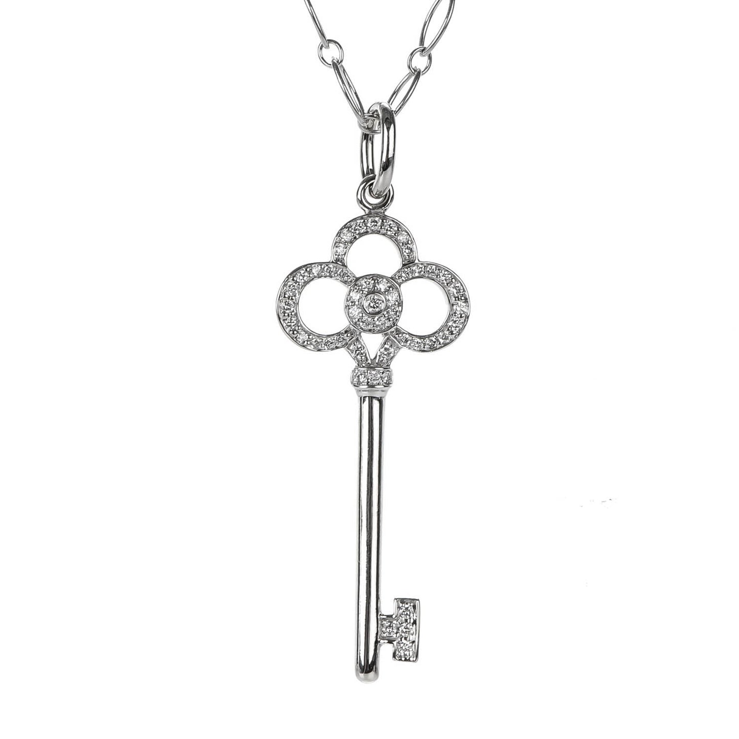 18K White Gold Diamond Crown Key Pendant Necklace