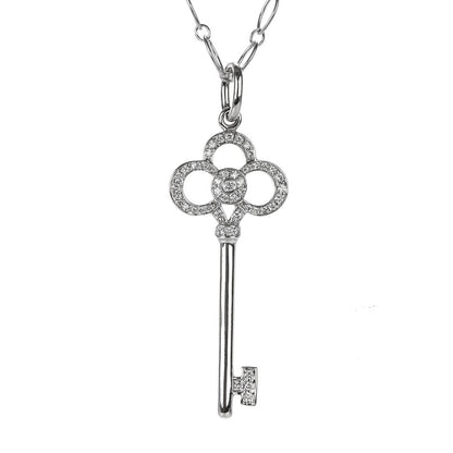 Tiffany 18K White Gold Diamond Crown Key Pendant Necklace 3 of 7