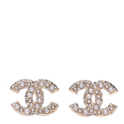 Chanel Metal Graduated Pearl Crystal CC Earrings Light Gold 1 of 5