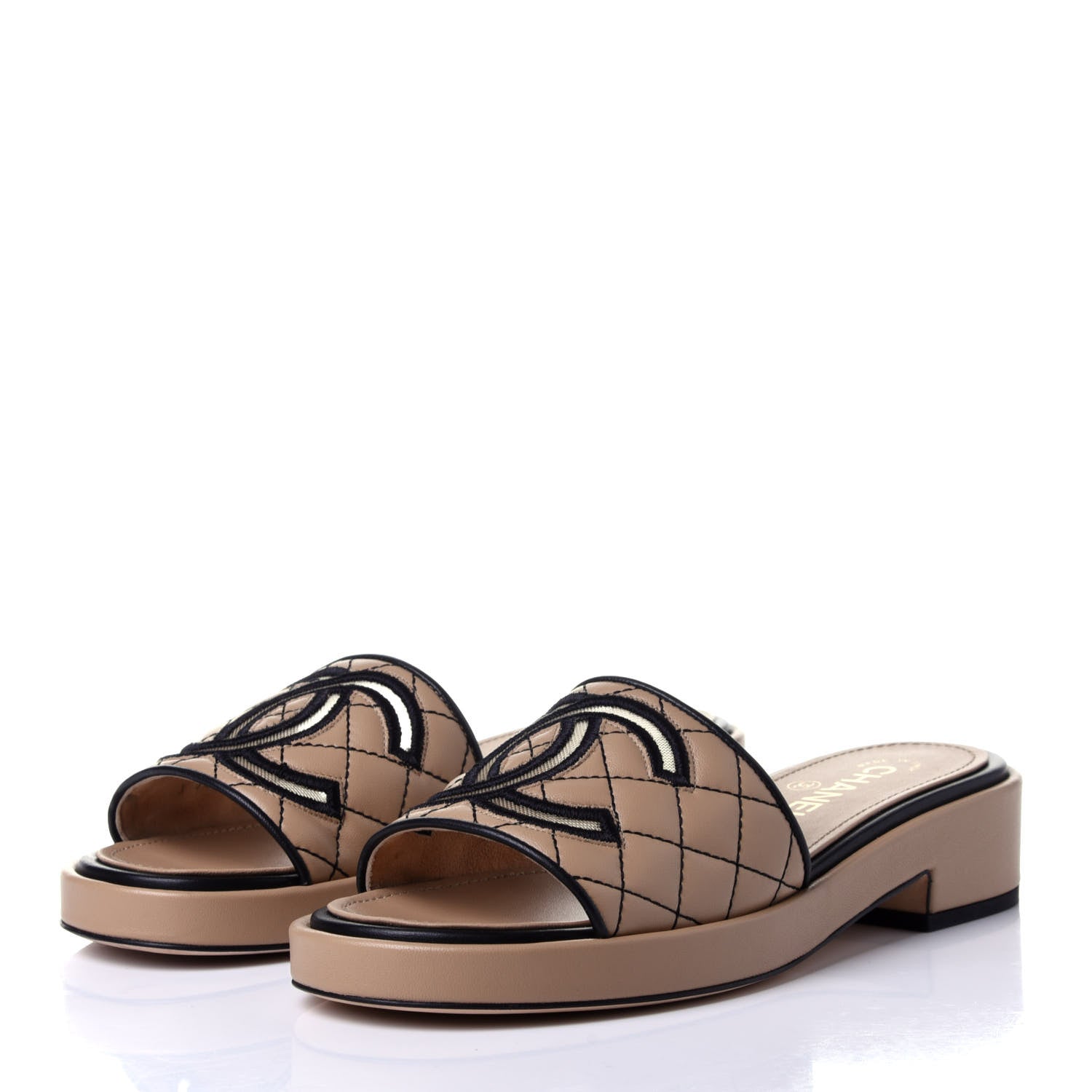 Chanel Lambskin Quilted CC Mules 38 Beige Black 3 of 12