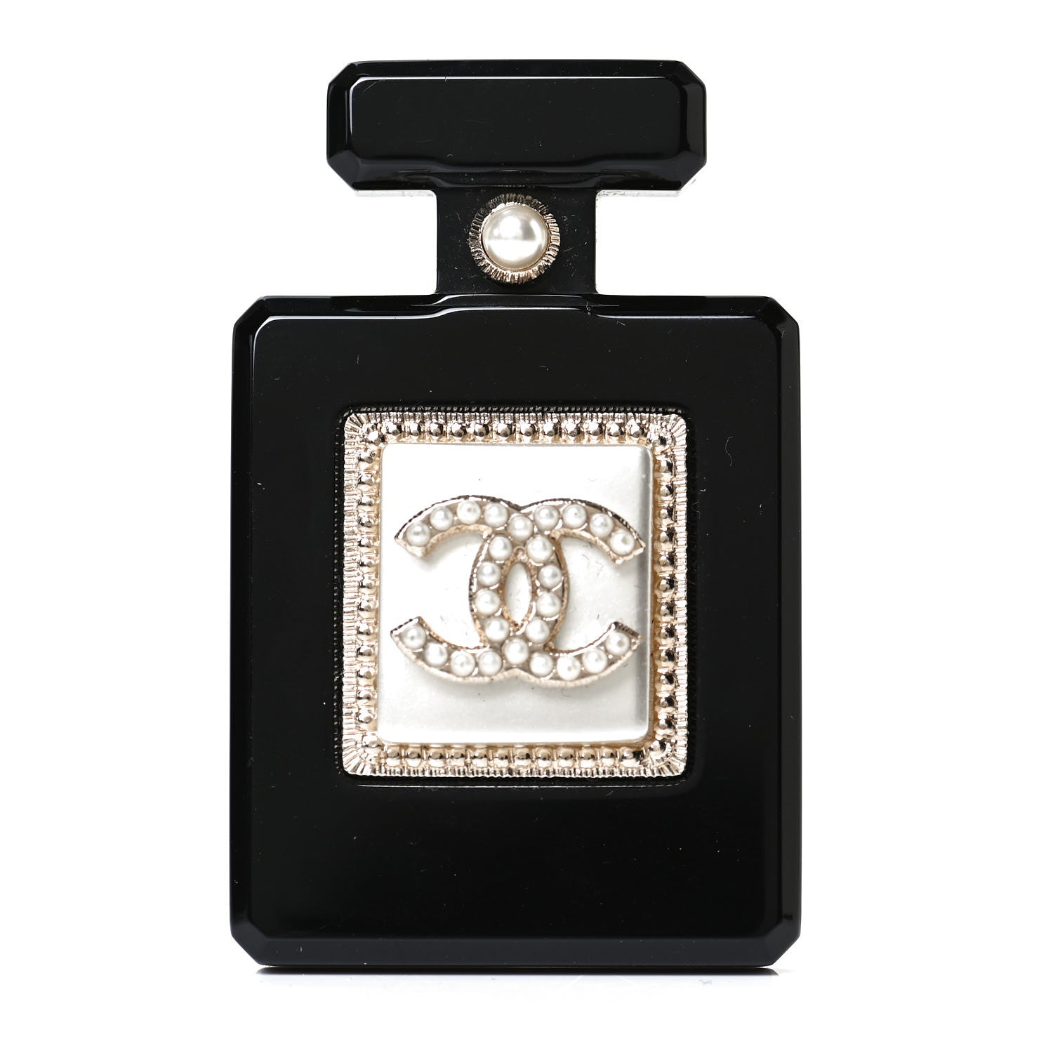 Chanel Resin Pearl Perfume Bottle CC Brooch Black Gold 1 of 3
