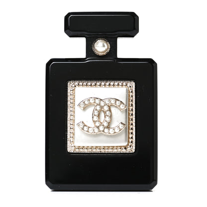 Chanel Resin Pearl Perfume Bottle CC Brooch Black Gold 1 of 3