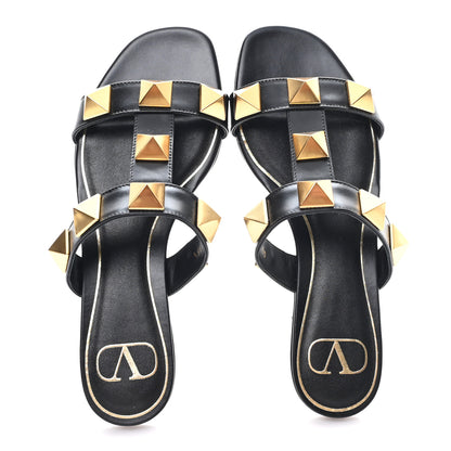 Valentino Garavani Calfskin Roman Stud Flat Slide Sandals 35.5 Black 2 of 10