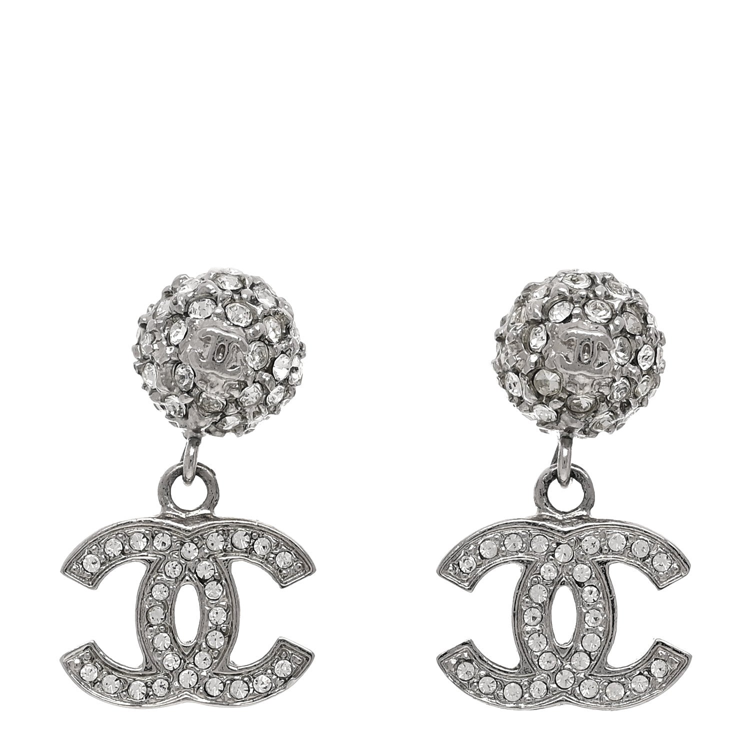 Chanel Crystal CC Drop Earrings White Silver 1 of 5