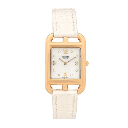 Hermes 18K Yellow Gold Alligator Diamond Mother of Pearl 23mm Cape Cod Quartz Watch Blanc 1 of 5