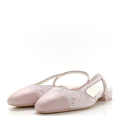 Chanel Metallic Tweed Lambskin Sequin Cap Toe Slingback Flats 39.5 Pink 4 of 9