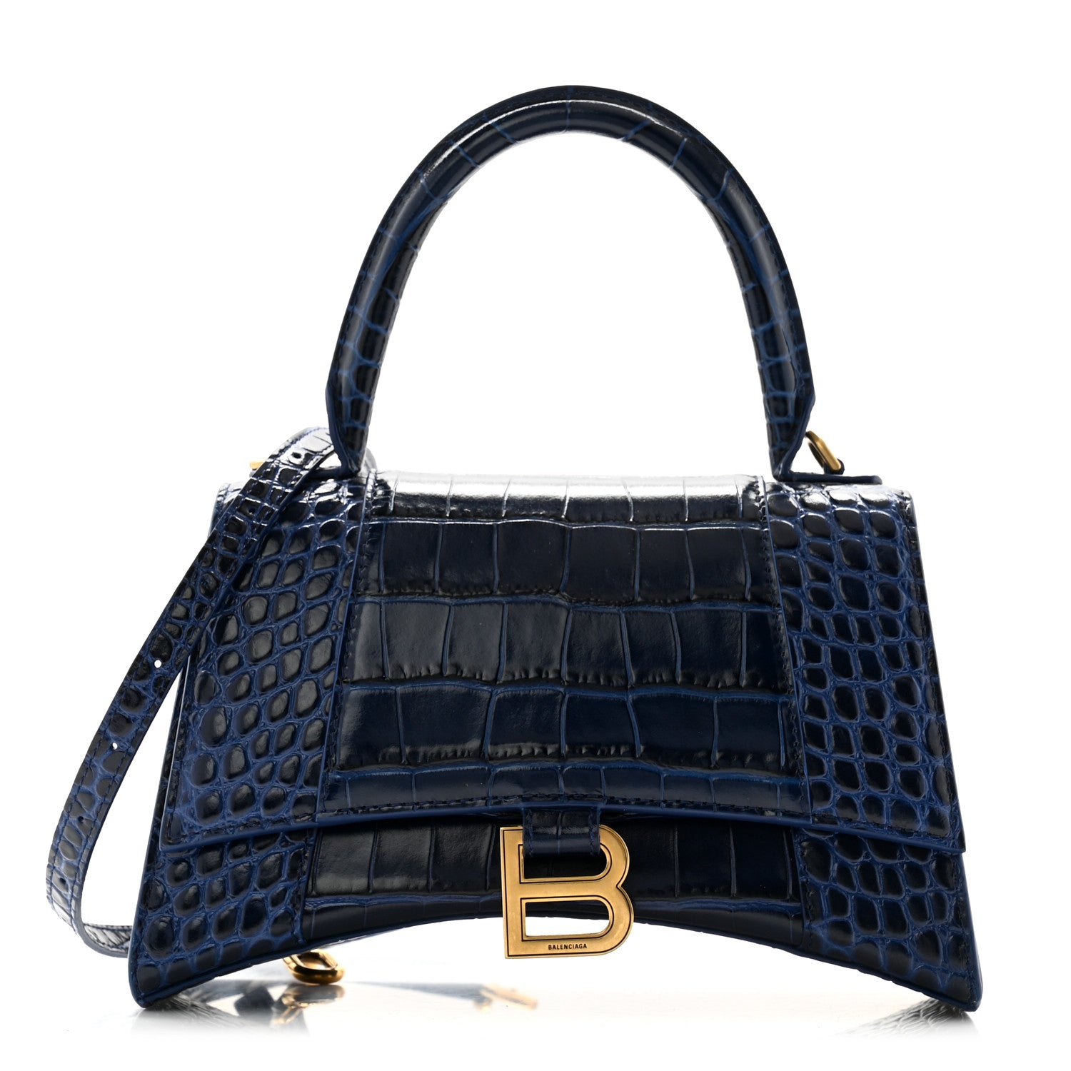 Balenciaga Shiny Calfskin Crocodile Embossed Small Hourglass Top Handle Bag Navy 1 of 11