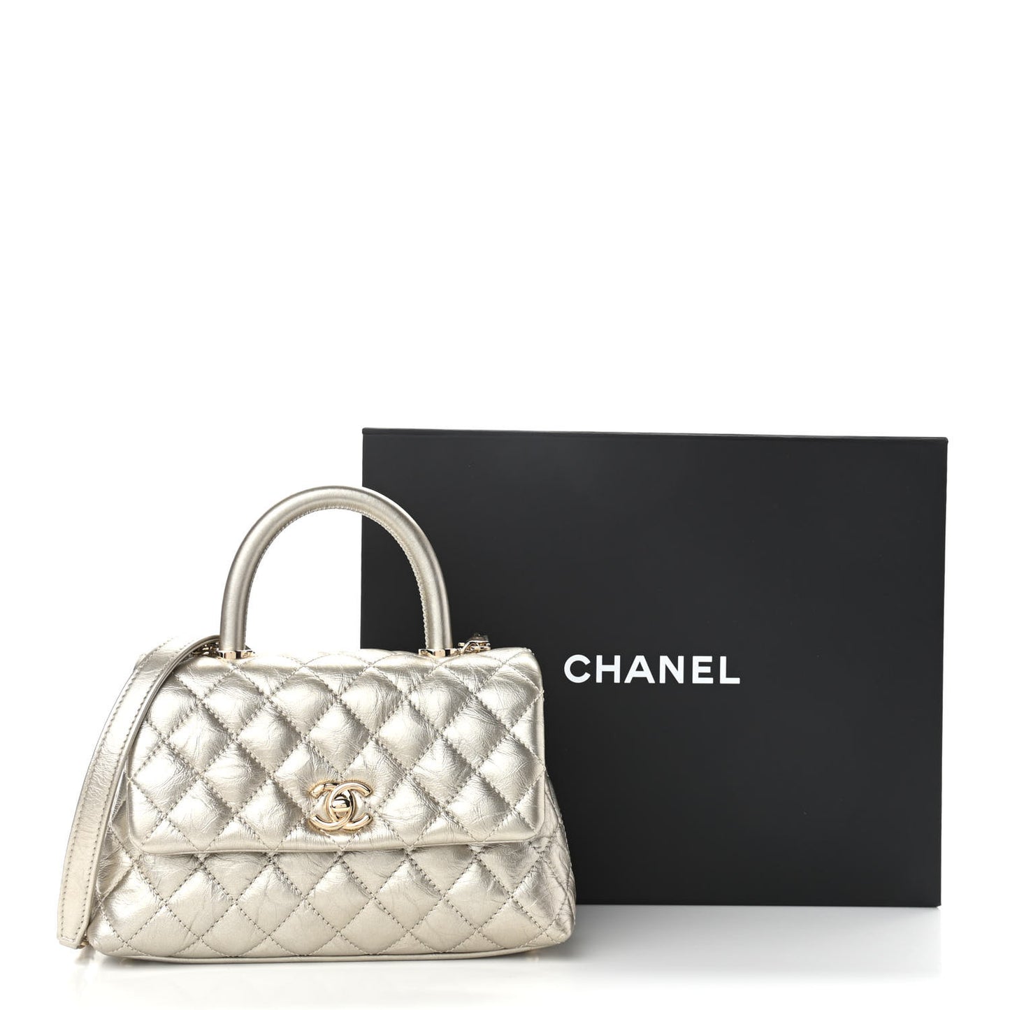 Metallic Aged Calfskin Quilted Mini Coco Handle Flap Gold