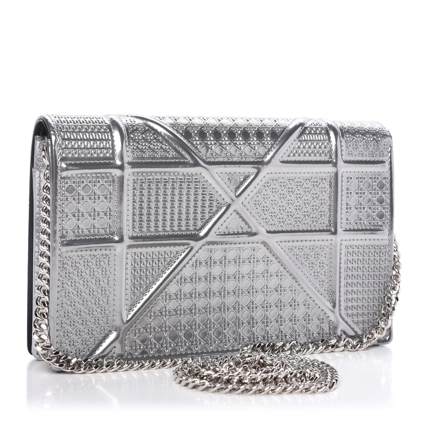 Metallic Patent Micro-Cannage Diorama Wallet on Chain Pouch Silver