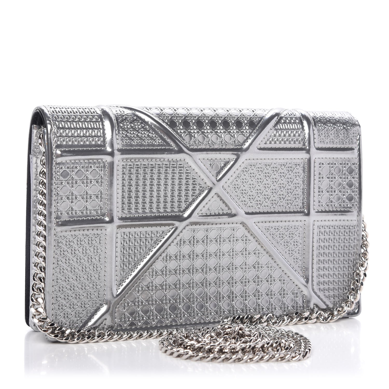 Christian Dior Metallic Patent Micro-Cannage Diorama Wallet on Chain Pouch Silver 3 of 10