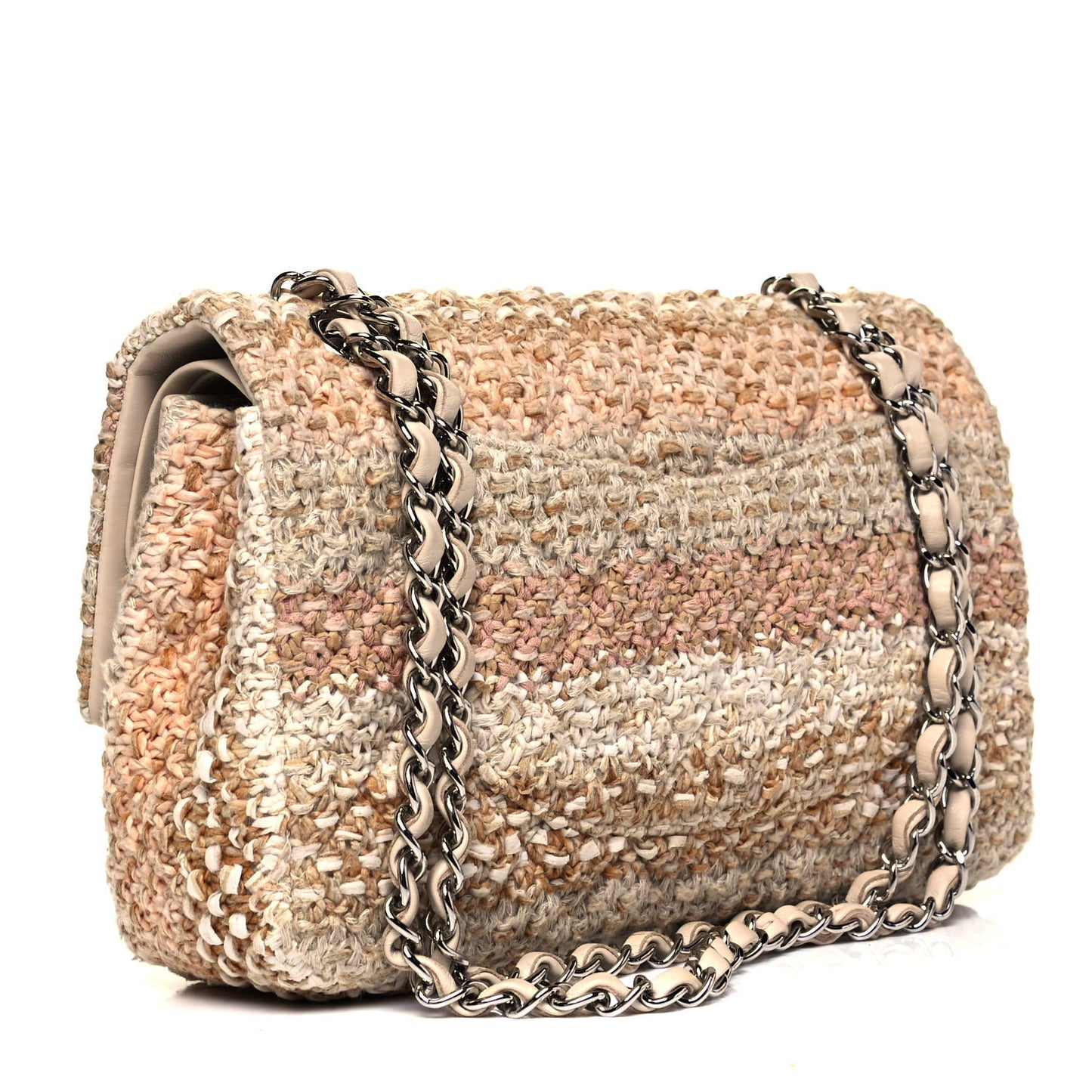 Tweed Quilted Medium Double Flap Beige Ecru Pink