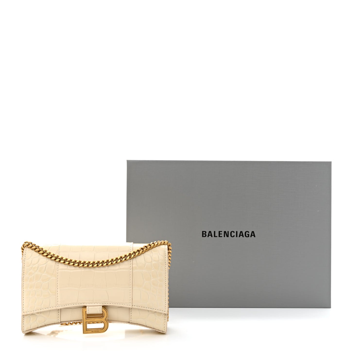 Shiny Calfskin Crocodile Embossed Hourglass Chain Bag Cream