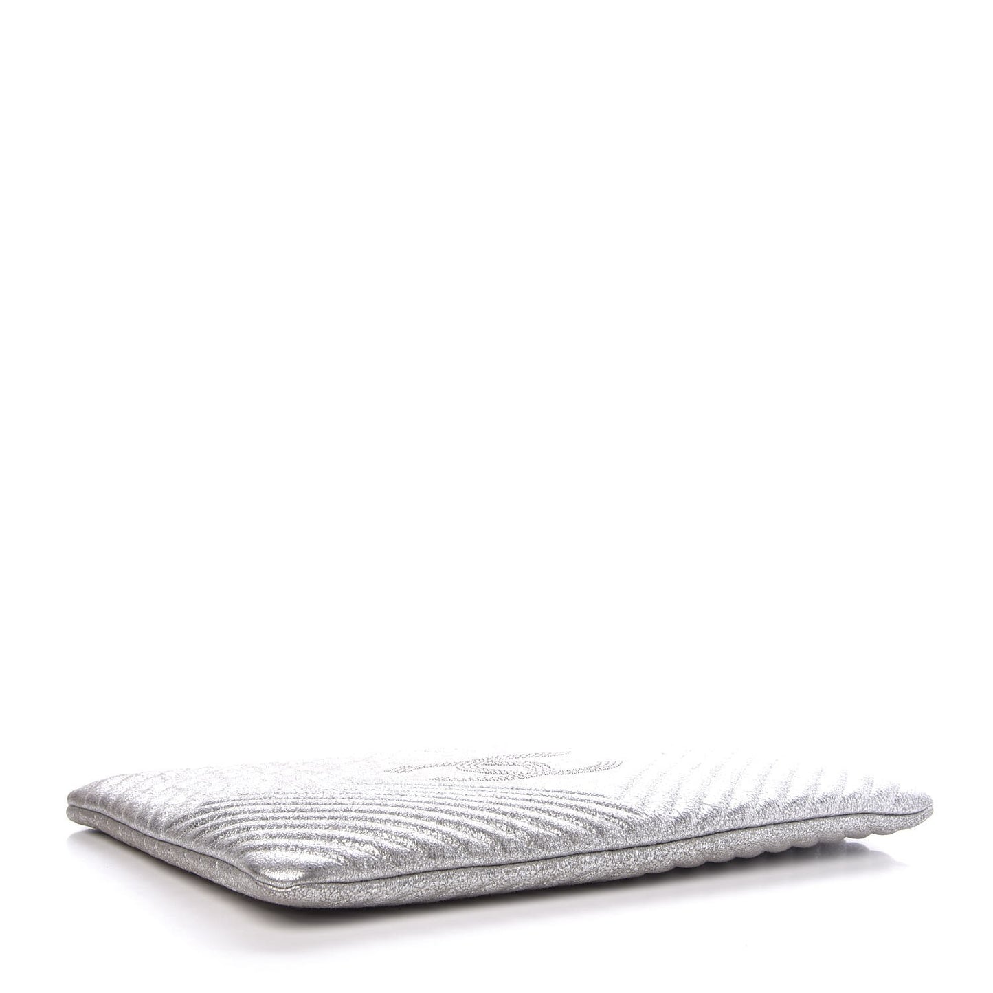 Metallic Crackled Goatskin Studded Chevron Quilted CC Large Zip Clutch Silver