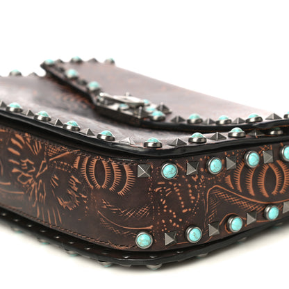 Valentino Garavani Calfskin Embossed Medium Guitar Strap Rockstud Rolling Flap Saddle Bag Brown 9 of 17